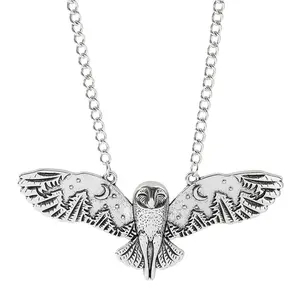 Retro Flying Owl Pendant Bird Necklace Antique Silver Plated Jewelry wholesale For Women Men