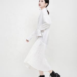 Abito Camicia da Donna Tongrui <span class=keywords><strong>Bianco</strong></span> e <span class=keywords><strong>Nero</strong></span> <span class=keywords><strong>con</strong></span> <span class=keywords><strong>Colletto</strong></span> Grazioso e Pannello Plissettato a Maniche Lunghe - Product Image 3