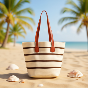 Borsa a tracolla a righe 42x28x12cm in tela per donna, borsa da spiaggia estiva - Product Image 2