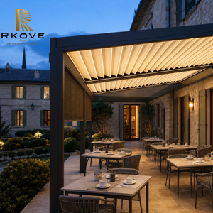 หลังคาผ้าใบติดผนัง RKOVE 5x7ม. รุ่น RK-C3 สำหรับระเบียงรับอาหารเช้าในโรงแรมเชิงพาณิชย์ พร้อมมุ้งลวด 2 ชั้น และไฟ LED สำหรับอุตสาหกรรมบริการยุโรป - Product Image 1