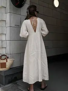 French Ladies Beige Cotton Linen Puff Sleeve Dress Women Summer Open Back Loose V Neck Shirt Casual Dress Midi Dress
