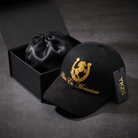 Casquette de baseball noire à 6 panneaux avec logo personnalisé, broderie de fil métallique doré de haute qualité, motif cheval, pour fabricant en gros