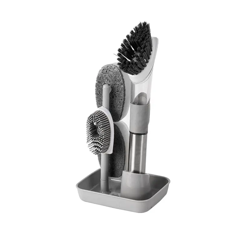 Manche en acier inoxydable Cuisine 4 têtes de rechange Épurateur à vaisselle Distributeur de savon Brosses à récurer Brosse à vaisselle avec distributeur de savon