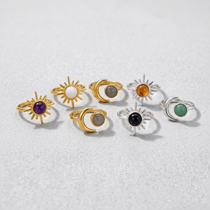 Bohemian Quartz Gemstone <b>Rings</b> <b>Set</b> for Women Brass <b>Gold</b> Plated Daily Wear Gift - Product Image 4