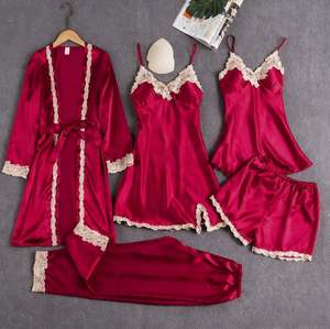 Sfy-y5025 Conjunto de Pijamas de Encaje de Poliéster Sexy de Alta Calidad de 5 Piezas con Bordado 3D, Top, Pantalones Cortos, Pantalones Largos y Bata para Mujer - Product Image 1