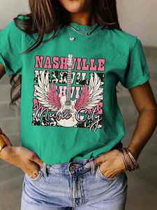 European American Women's Summer T-Shirt Nashville Music City Guitar Music Custom Print Crew Neck Loose Short <b>Sleeve</b> - Product Image 5