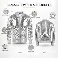 Blouson Bomber Homme Doré Métallisé Personnalisable avec Logo, Style Universitaire, Col Montant Zippé, Streetwear, Hip Hop, Disco, Vêtement d'extérieur pour Fêtes