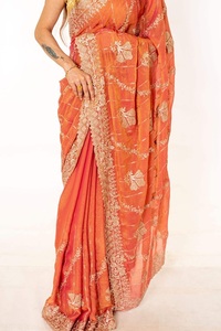 Sari en coton fait main avec broderie dorée luxueuse, élégante tenue ethnique indienne pour les cérémonies de mariage et les fêtes - Product Image 3
