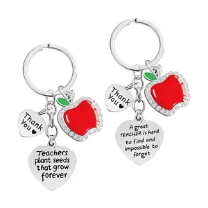 Ywganggu Customize Gift For Teacher Stainless Steel Apple Pendant With Rhinestone Keychain Thank you Teacher Metal Key Chain