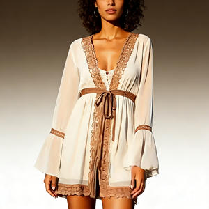 Oferta especial en Temu: mono bohemio chic con cuello en V profundo, mangas largas acampanadas, ribete de encaje y cinturón ancho para mujer, ideal para vacaciones. - Product Image 1