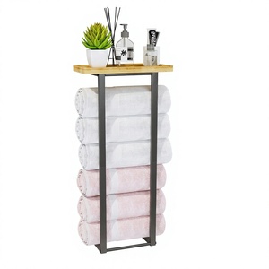 Toallero de baño, toallero montado en la pared, estante de madera, soporte para toallas, toallero de metal, organizador de toallas para baño - Product Image 1