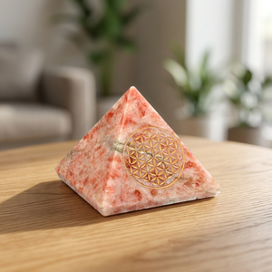 Pyramide de guérison sculptée et gravée en pierre de soleil de Rozrin avec incrustation, décoration d'intérieur en pierre précieuse - Product Image 2