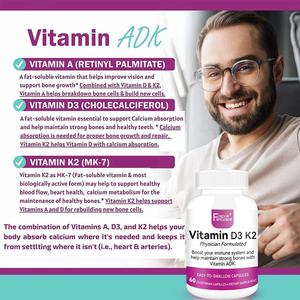 Nouvel arrivage : Complément de Vitamine D3 K2 pour la santé osseuse et l'absorption du calcium avec Vitamine ADK, 60 capsules, extraits de Vitamine D3 K2 - Product Image 4