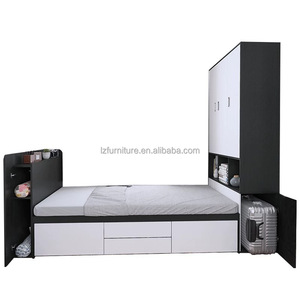 Cheap Studio Apartment Bedroom Furniture Complete Tatami Wooden <b>Storage</b> Bed Wardrobe & Wall Cabinet Set for Compact Living Space - Product Image 2
