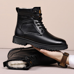 Men's <b>Black</b> Leather Winter Boots Mid-Calf Anti-Slip Rubber Sole <b>Low</b> <b>Heel</b> Snow Boots - Product Image 2