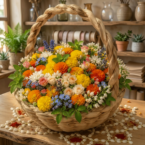 Panier de rangement en saule tressé fait main avec poignée tressée, thème floral, pour l'organisation de la maison, marque KOTTRAVAI, du Tamil Nadu - Product Image 6