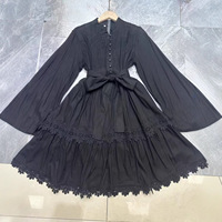 Robe blanche d'automne style station balnéaire européenne/américaine, col montant, manches classiques, simple boutonnage, mini-robe en dentelle patchwork