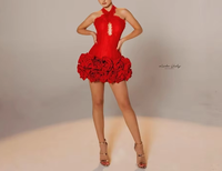 Robe mini élégante rouge à col halter, sexy, courte, moulante, pour club, avec bordure en dentelle et ourlet à fleurs 3D