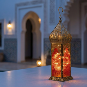 Lanterne à bougie en métal de style marocain, en métal doré, avec verre floral rouge pour la décoration de la maison - Product Image 2