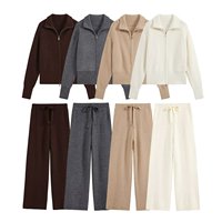 Ensemble femme 2026 : Nouveau haut tricoté décontracté à col montant et fermeture éclair + pantalon tricoté rétro à taille élastique pour femme