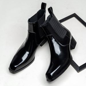 Leather Square-toe <b>Ankle</b> Chelsea Boots Men Slip-On Shiny Finish Simple Style Heightening Effect Waterproof Winter Autumn - Product Image 2