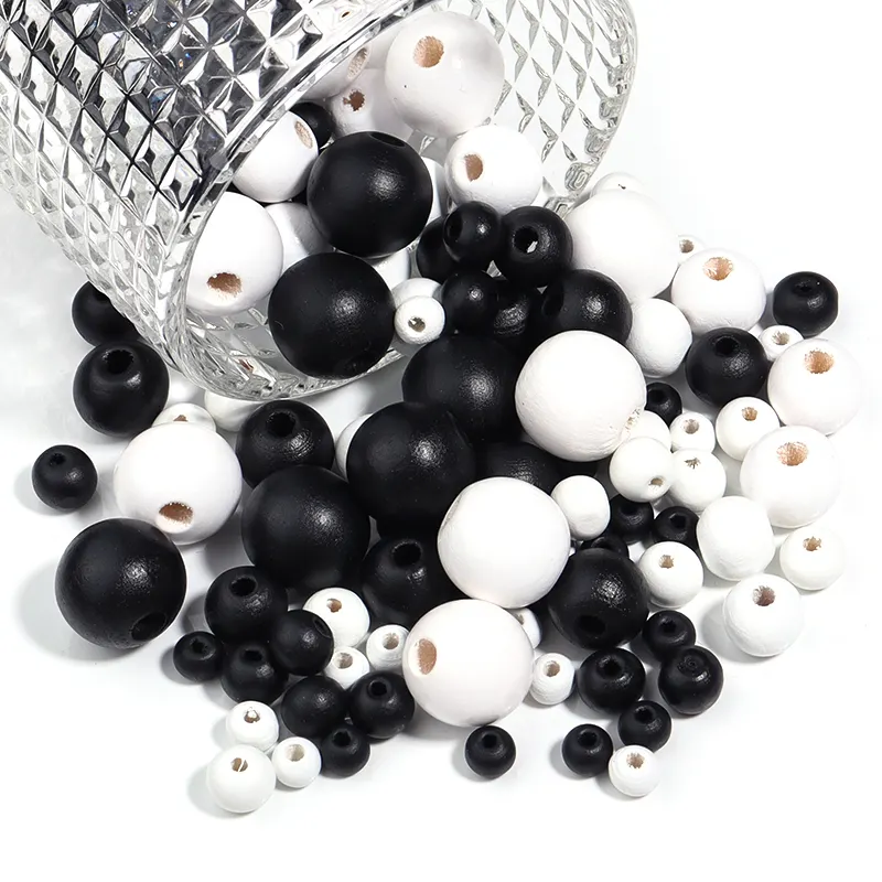 Black and white beads with multiple specifications of wooden round beads are used for jewelry making decoration, and DIY jewelry