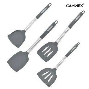 CAMMEX 4 buah silikon Solid Turner Non lengket Slotted Pancake Turner dapur lebar baja anti karat silikon besar Slotted Turner