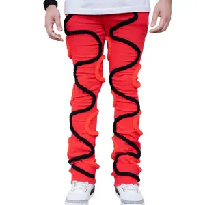 KY fermeture éclair tire hommes jean évasé Orange Flare empilé jean couleur contraste broderie Applique hommes empilés jean