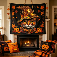 Panneau décoratif mural en bois 2D fait main et durable pour Halloween, motif chat en chapeau, pour porte d'entrée et usage intérieur