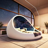 Lit double en fibre de verre blanc brillant en forme d'œuf avec impression intérieure Galaxie Étoilée, design cocon fermé pour l'intérieur de chambre moderne