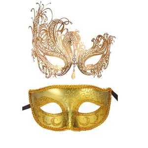 黄金情侣化妆舞会金属面具万圣节狂欢节水晶面具套装Cosplay派对舞会婚礼舞会戏剧面具 - Product Image 5