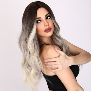 Peluca Sintética Larga y Ondulada Color Rubio Degradado Marrón al por Mayor de Fábrica, con <span class=keywords><strong>Flequillo</strong></span> Transparente, Resistente al Calor, Natural, Modelo 8066 para Mujer - Product Image 4