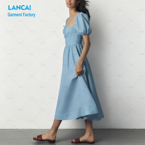 Robes d'été personnalisées pour femmes, style léopard froncé, taille haute, coupe trapèze, écologiques, à manches bouffantes, longueur midi, OEM ODM - Product Image 3
