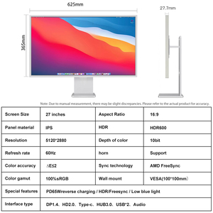 Moniteur d'affichage Retina 5K de <span class=keywords><strong>27</strong></span> <span class=keywords><strong>pouces</strong></span> avec taux de rafraîchissement de 60Hz pour <span class=keywords><strong>Mac</strong></span> Extended All Aluminum Alloy Shell pour la photographie et le dessin - Product Image 2