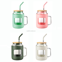 40oz 50oz 32oz botol air kaca cangkir teh & cangkir kopi dengan silikon lengan gelas Tumbler & tutup bambu pegangan alat minum sedotan