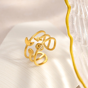 European American Style Stainless Steel Openwork <b>Ring</b> Sun Moon Star Motif Adjustable U Shape Women's Fashion Jewelry Gift - Product Image 3