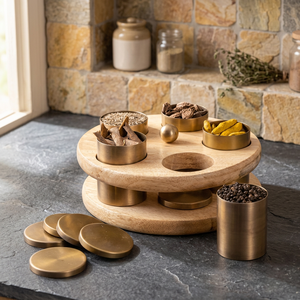 Elevated Base Acacia Wood Masala Stand Metal Boxes Organizer Containers Handcrafted Modern <b>Kitchens</b> Spice Box Tableware <b>Racks</b> - Product Image 1