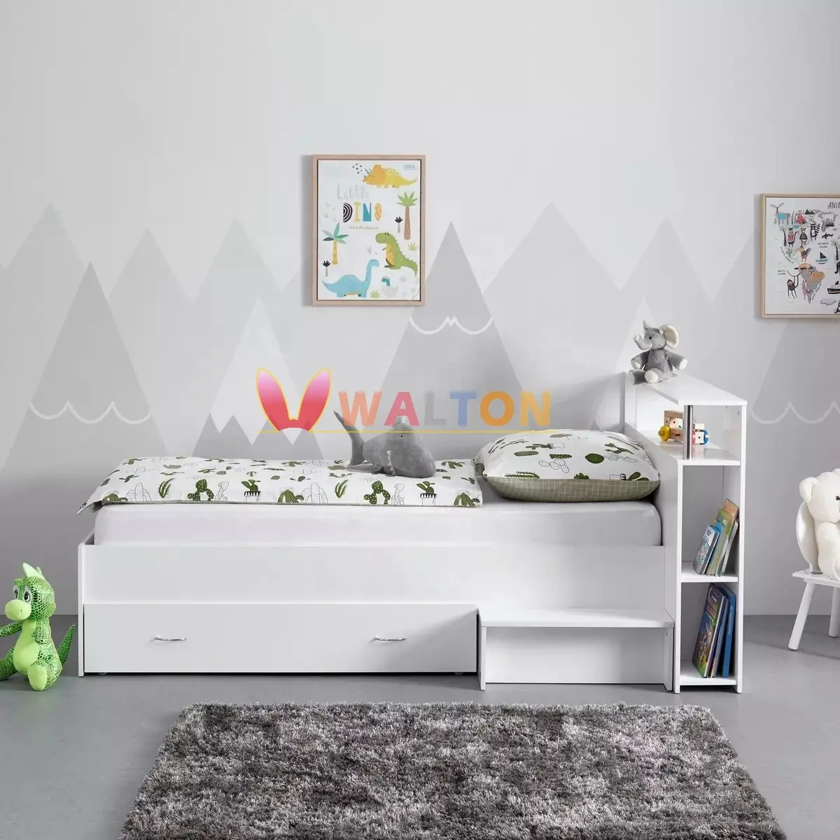 Crianças com Armazenamento Gaveta Sturdy Cama Infantil para O Quarto Cama Quadro com Cabeceira e Estribo Cama Kids Mobiliário Do Bebê