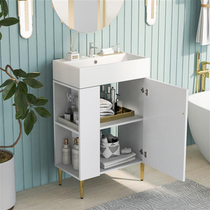 Meuble-lavabo blanc pour salle de bain, 21,6 pouces, avec lavabo simple en céramique, rangement latéral gauche, design moderne sur pied - Product Image 4