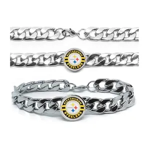 Vente chaude Personnalisé Argent Plaqué Bracelet En Acier Inoxydable Ensemble Pittsburgh Steelers Cubain Chaîne Bracelet Plat Bracelet Pour hommes