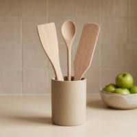 Ensemble d'ustensiles de cuisine en bois 3 pièces : spatule, cuillère et louche à long manche, résistants à la chaleur, antiadhésifs, avec support de suspension