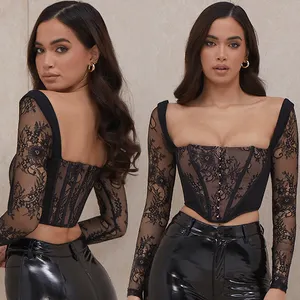 2021 Spring Sexy Lace Hollow Out Black Thin Womens Tops Club Women Lace corset top