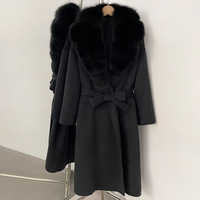 Manteau long en laine 100% pour femmes, design luxueux d'hiver, col en fourrure de renard amovible, manches longues, amincissant, avec ceinture