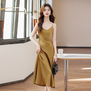 Black <b>Spaghetti</b> <b>Strap</b> Dress Solid Color Natural Waist Mid Length Daily Wear Casual Dress Polyester Fabric - Product Image 4