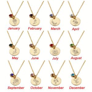 Titanium Stainless Steel 18K Gold Plated Birthday Flower Stone Zodiac Engraved Circle Birth Flower Necklace - Product Image 2
