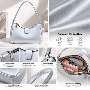 <b>Silver</b> PU Leather Shoulder Bag Women <b>Handbag</b> Zipper Closure Portable Daily Use - Product Image 5