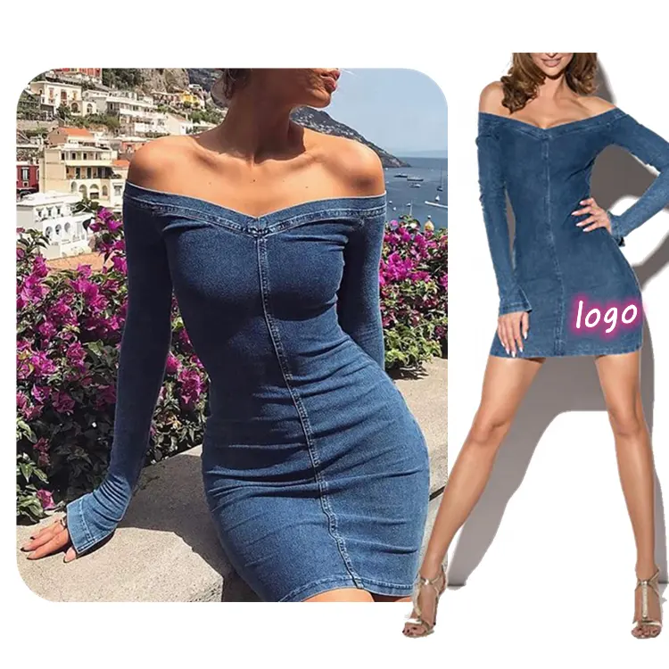 OL-Vestido vaquero informal de algodón con manga larga y hombros descubiertos para mujer, traje Sexy ajustado de una pieza con cremallera