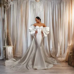 Hochwertiger Satin Mermaid schulterfrei lange Ärmel Hochzeitskleider sexy Brautkleid 2024