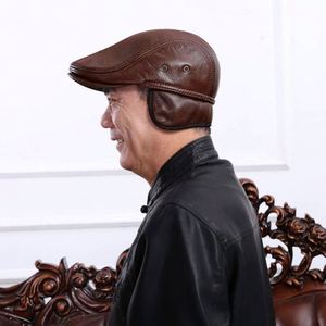 Men Vintage Cowhide Beret Caps Earflaps Flat Top Ivy Cap Windproof Duckbill Warm Black Brown Genuine Leather <b>Hats</b> - Product Image 5