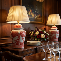 Lampe de table style Hampton, chinoiserie rouge et blanche, pot à gingembre avec scène peinte à la main, pour chambre de ferme ou table de chevet